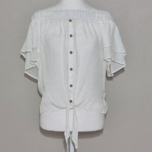 By & By Women’s Off Shoulder Ruffle Tie Front Blouse White Size S NWOT